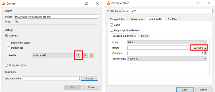 Select Output Format as Audio MP3 on VLC